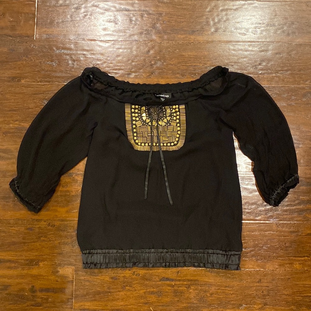 Bebe Black Off the Shoulder Silk Gold Beaded Front Blouse Women’s XS